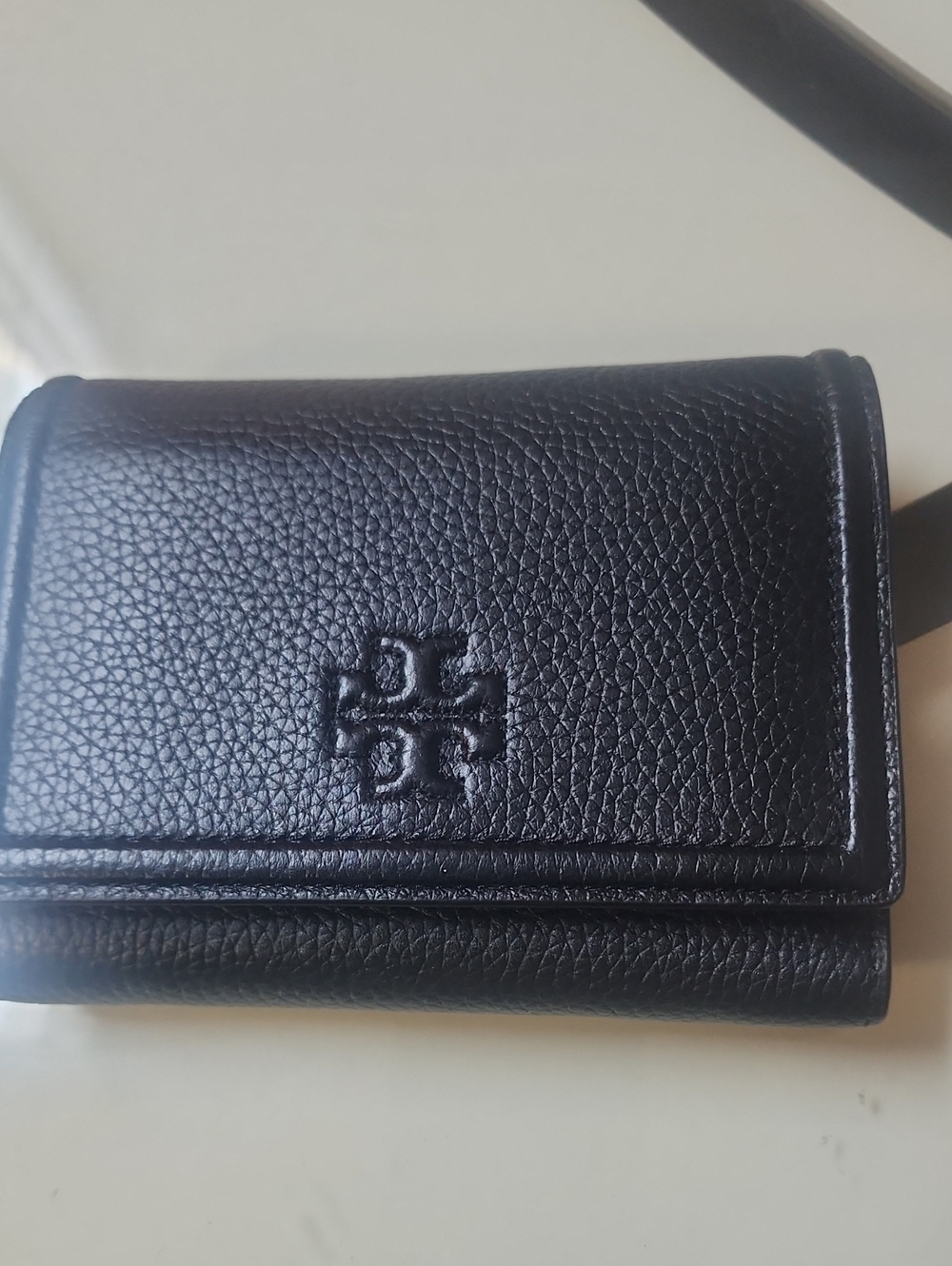 Tory Burch Black Pebbled Leather Thea Medium Flap Wallet with Gold Hardware